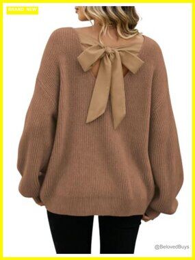 Chunky Knit Bow Back Sweater Long Sleeve Crewneck Pullover